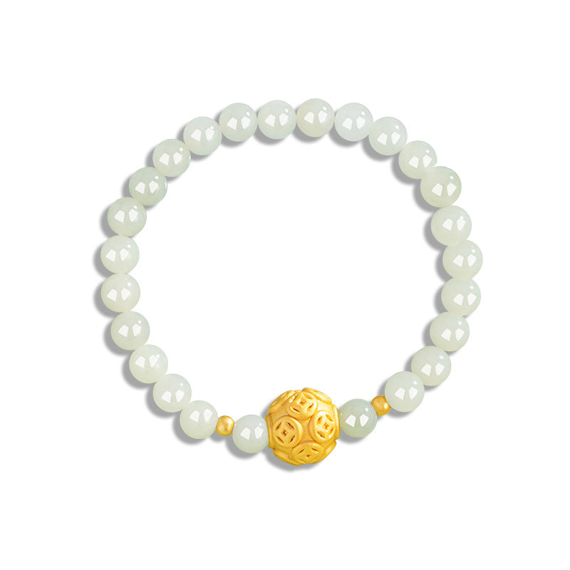 Copper Coin Sterling Silver 925 Hetian Jade Bracelet Female New Chinese National Fashion Lucky Beads Bracelet Ins Style Mother's Day Bracelet