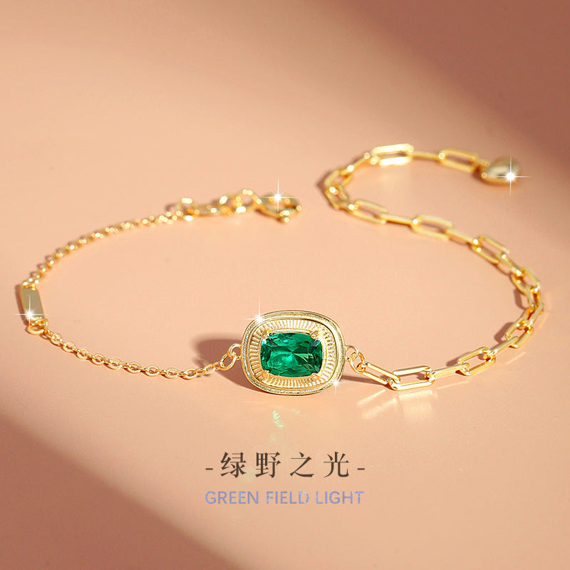 Square Sugar Sterling Silver 925 Bracelet Female Niche Design High-Grade Emerald Zircon Bracelet Ins Style Cross-Border Bracelet