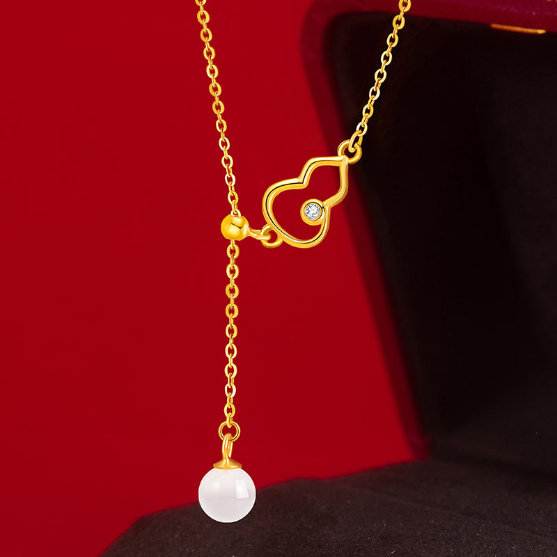 Fu Lu Double Full Sterling Silver 925 Women's New Chinese Style National Fashion Chalcedony Tassel Clavicle Chain Ins Style Gourd Zircon Pendant