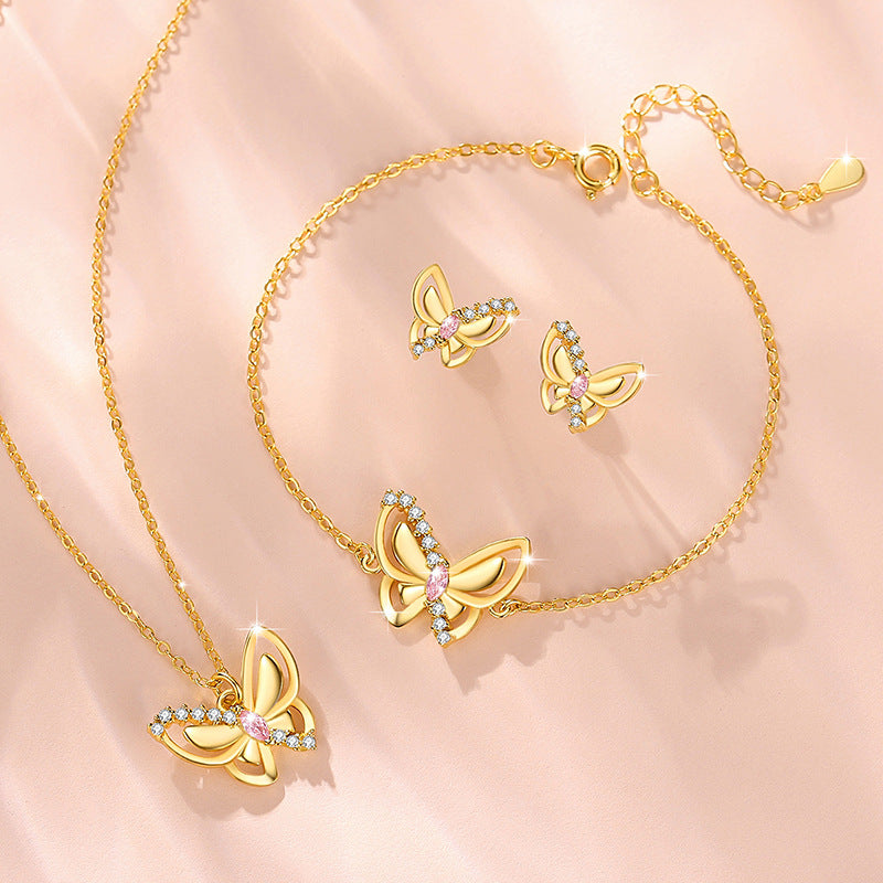 Butterfly Sterling Silver 925 Bracelet for Women Niche Design Light Luxury Pink Diamond Bracelet Ins Style Girlfriends Wings Bracelet