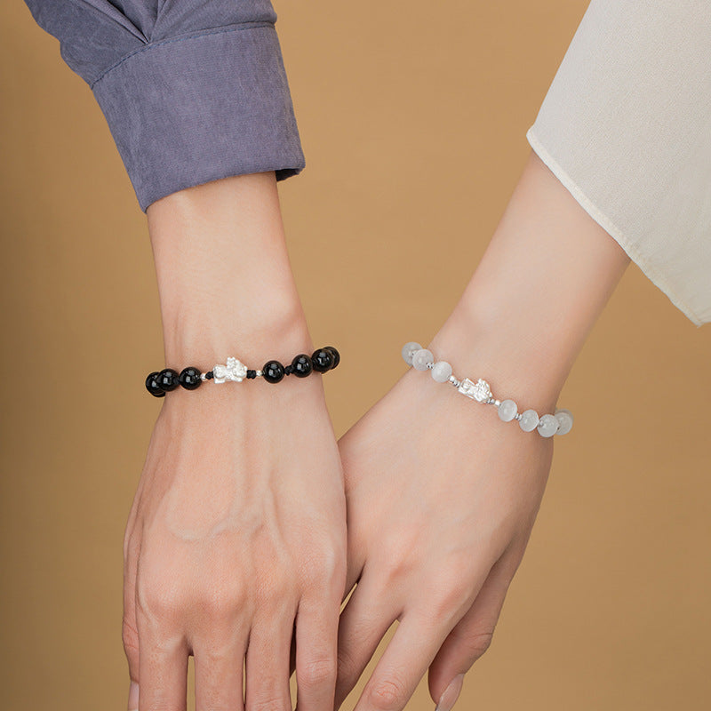 Pure Silver 999 Couple Bracelet Light Luxury High-Grade Opal Bracelet Valentine's Day Gift Black Agate Bracelet