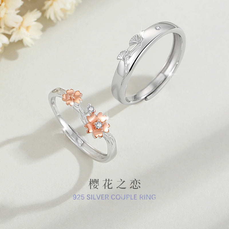 Cherry Blossom Sterling Silver 925 Couple Ring Men and Women Niche Design Light Luxury Zircon Ring Get Things Ins Flower Ring