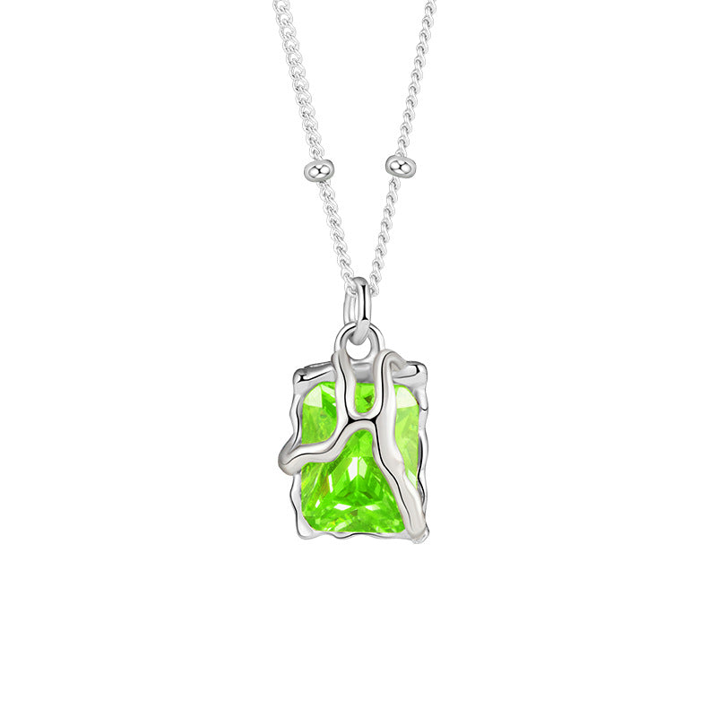 Niche Light Luxury Olive Green Zircon S925 Sterling Silver Jewelry Set Women's Irregular Texture Necklace Ring Earrings