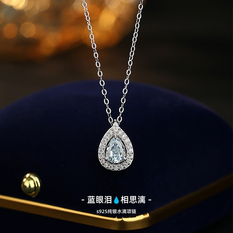 Blue Tears S925 Sterling Silver Necklace Women's Light Luxury Pear-Shaped Water Drop Zircon Clavicle Chain Valentine's Day Confession Birthday Gift