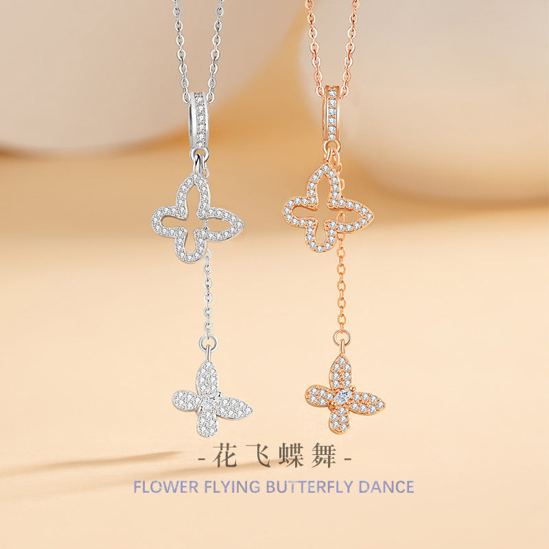 Butterfly Sterling Silver 925 Necklace Women's Simple Fashion Zircon Ring Clavicle Chain Ins Style Tassel Clover Pendant