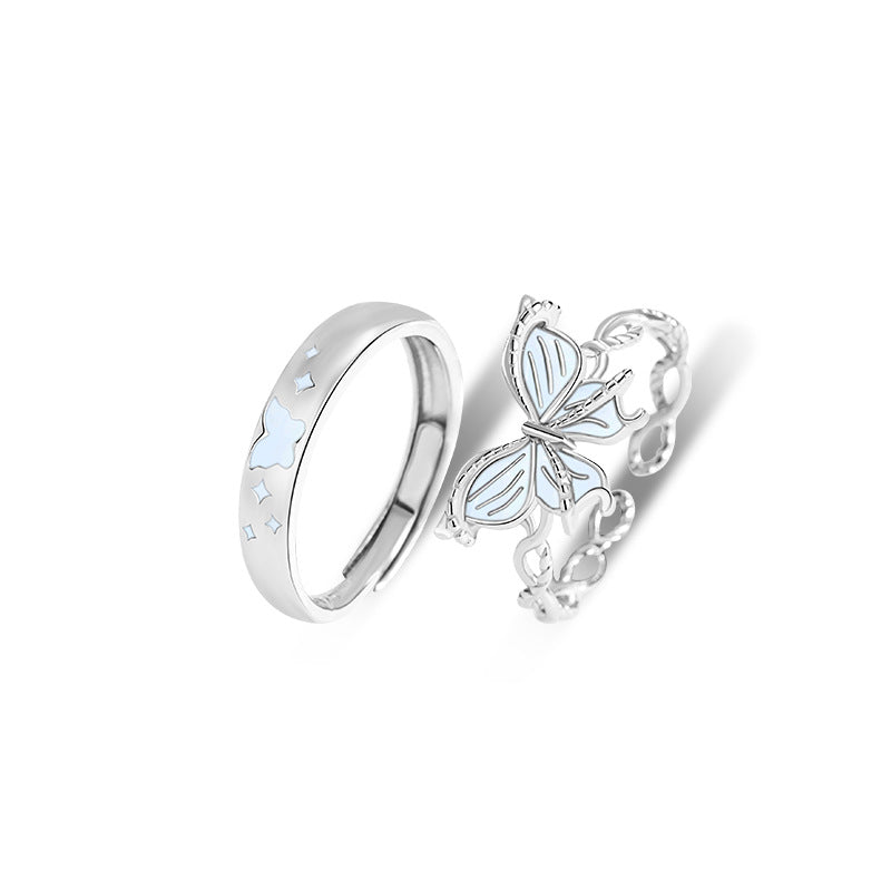 Butterfly Sterling Silver 925 Luminous Couple Ring Men and Women Niche Light Luxury Plain Ring Ins Style Valentine's Day Couple Ring