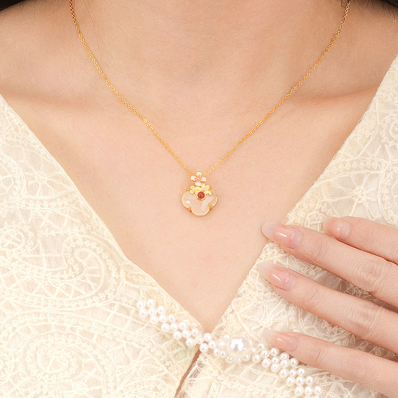 December Birthday Flower God Auspicious Necklace S925 Silver Inlaid White Chalcedony Red Agate Birthday Gift for Girlfriend