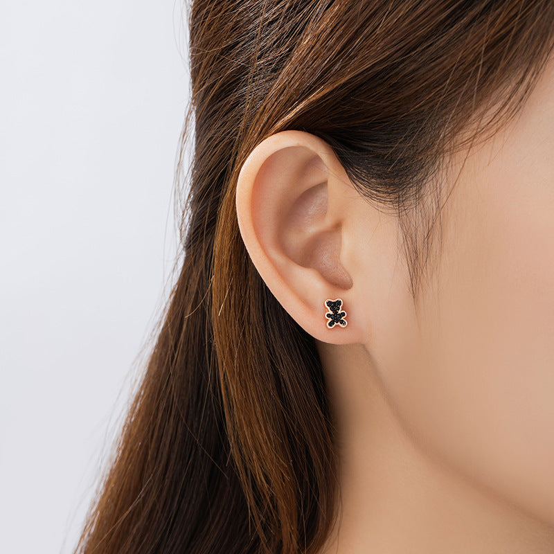 Cute Teddy Bear Sterling Silver 925 Stud Earrings Female Niche Design Light Luxury Full Diamond Zircon Earrings Ins Lovely Earrings