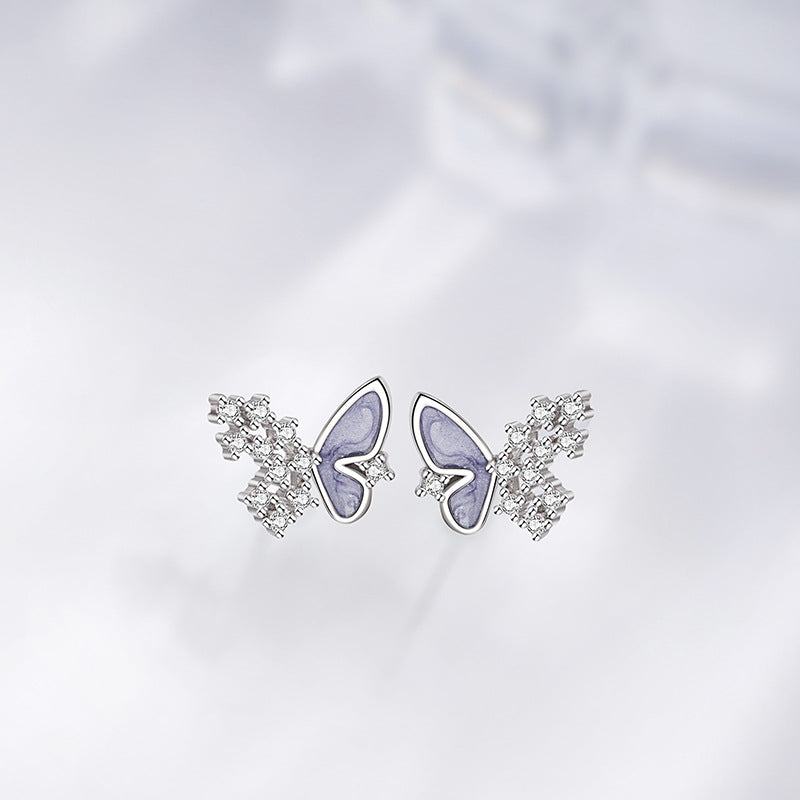 Fantasy Butterfly Sterling Silver S925 Stud Earrings Women's Light Luxury Niche Versatile Zircon Earrings Ins Style Animal Earrings