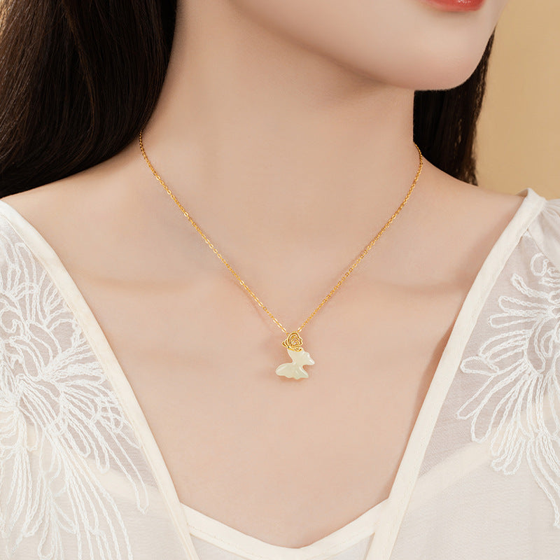 Butterfly Sterling Silver 925 Necklace Women's Light Luxury High-Grade Natural Hetian Jade Clavicle Chain Ins Style Gift Hollow Pendant
