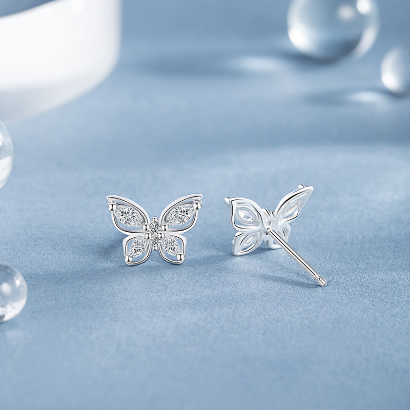 Butterfly Pure Silver 999 Stud Earrings Female Niche Design Light Luxury Hollow Zircon Earrings Ins Style High-Grade Earrings