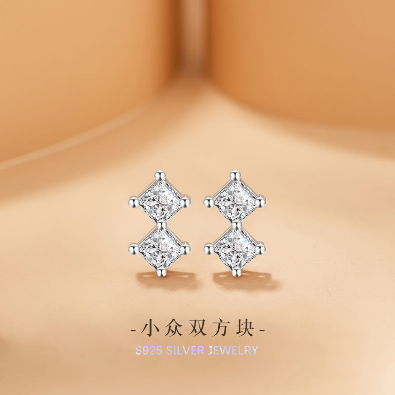 Small Square Sterling Silver 925 Stud Earrings Female Niche Design Light Luxury Star Zircon Earrings Ins Style Square Earrings
