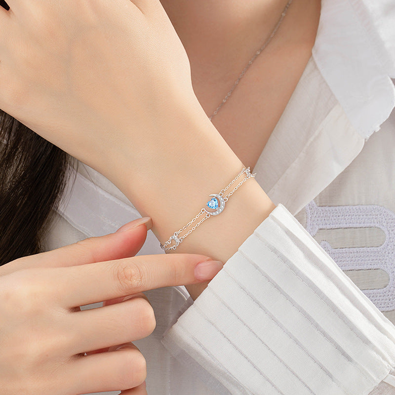 Moon Sterling Silver 925 Bracelet Female Niche Design Light Luxury Navy Blue Zircon Star Bracelet Ins Style Lovely Bracelet