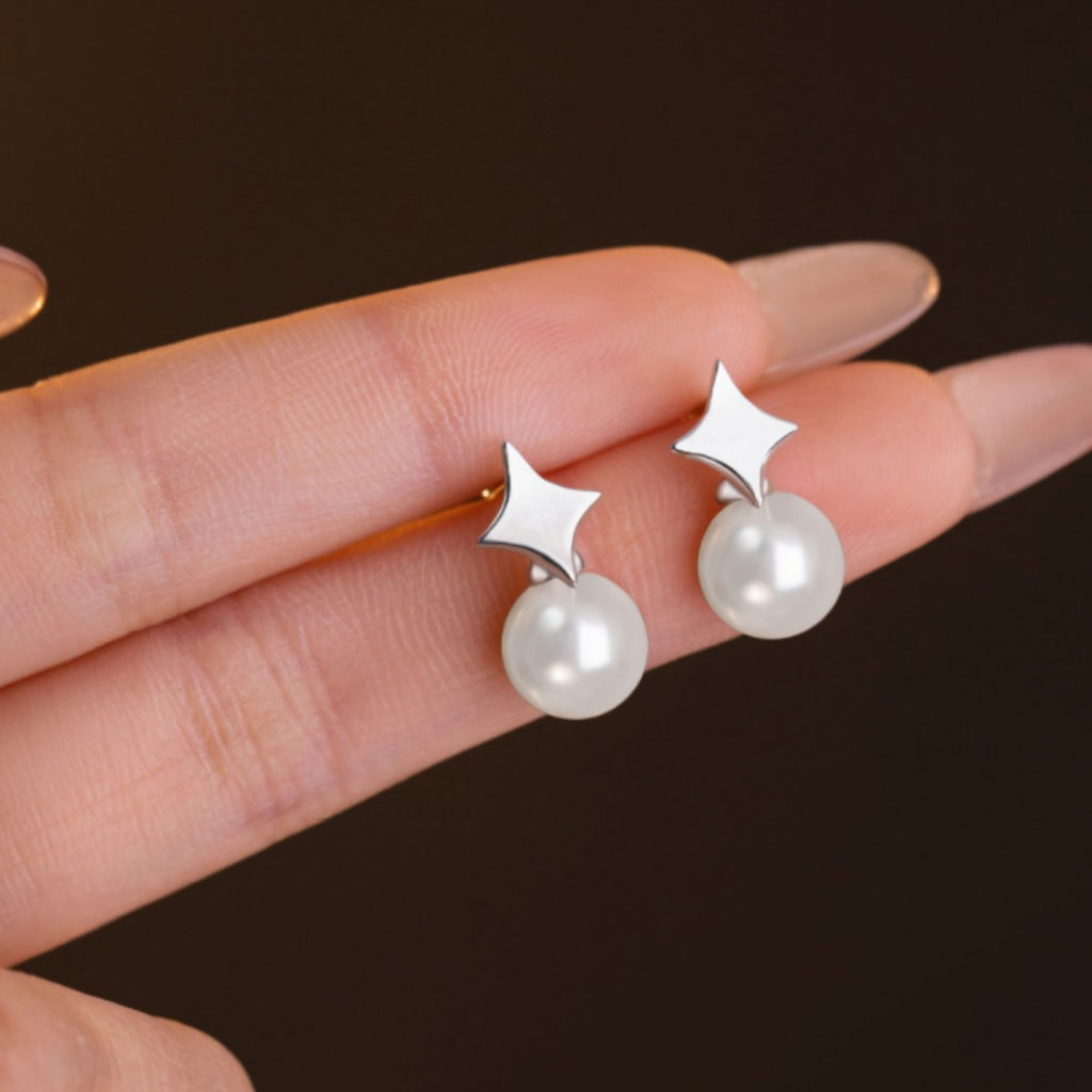 Four-Star Awn Sterling Silver 925 Stud Earrings Female Niche Design Light Luxury Style Shijia Pearl Earrings High-Grade Star Earrings