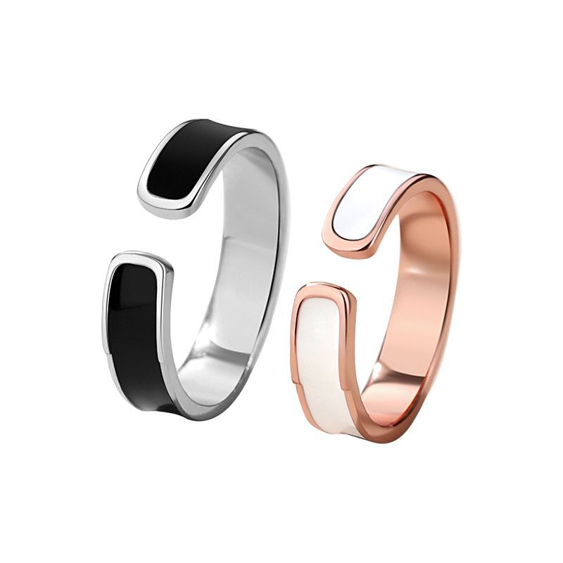 Black and White Sterling Silver 925 Couple Ring Light Luxury Long-Distance Love Flat Ring Valentine's Day Open Adjustable Plain Ring