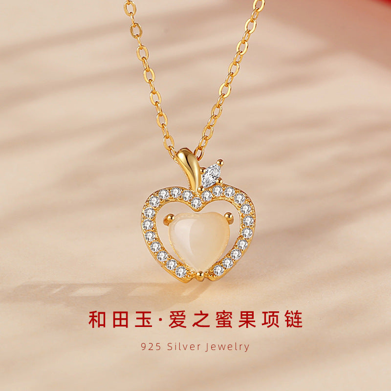 Hetian Jade Lovely Sterling Silver 925 Necklace Female Niche Design Light Luxury Apple Clavicle Chain Ins Style Zircon Pendant