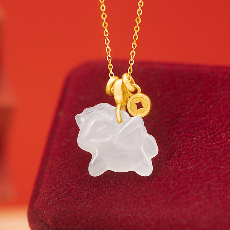 Immediately Rich Sterling Silver 925 Necklace Women's New Chinese Style Birth Year White Agate Copper Coin Clavicle Chain Zodiac Horse Pendant