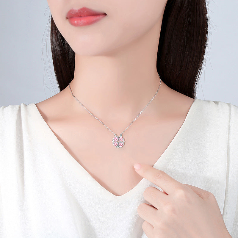 Heart-Shaped Magnetic Sterling Silver 925 Necklace for Women, Two-Strap Zircon Clavicle Chain, INS Lucky Clover Pendant