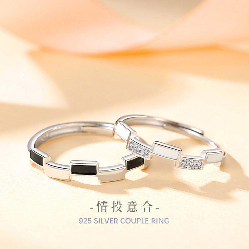 Black and White Plaid Sterling Silver 925 Couple Ring Female Male Fashion Versatile Zircon Plain Ring Ins Style Pattern Pair Ring