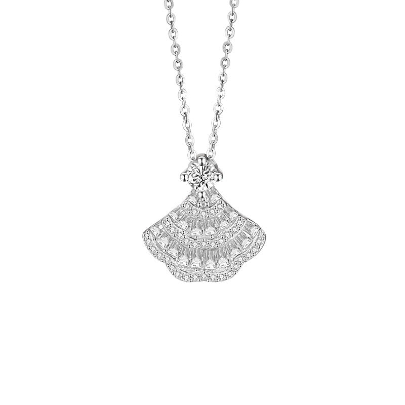 S925 Sterling Silver Necklace Women's Light Luxury Full Diamond Fan-Shaped Pendant Internet Celebrity Same Style Shining Skirt Silver Jewelry Wholesale for Girlfriend
