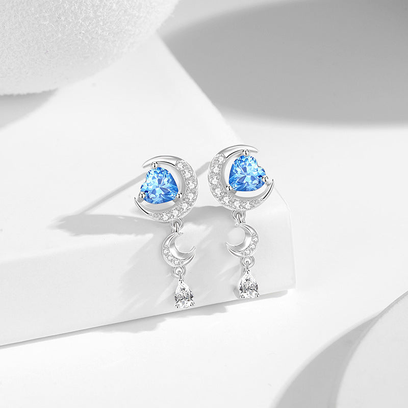 Moon Sterling Silver 925 Stud Earrings Female Niche Light Luxury High-Grade Navy Blue Zircon Star Earrings Ins Style Lovely Earrings