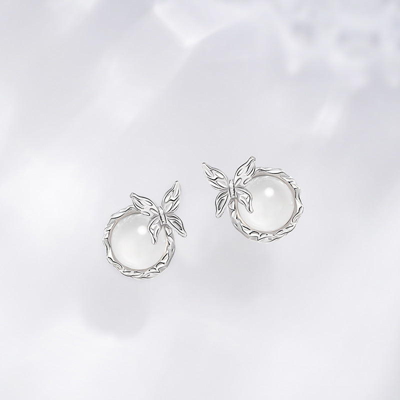 Chalcedony Sterling Silver 925 Stud Earrings Women's Fashion Niche Versatile Butterfly Earrings Ins Style Irregular Wisteria Flower Earrings