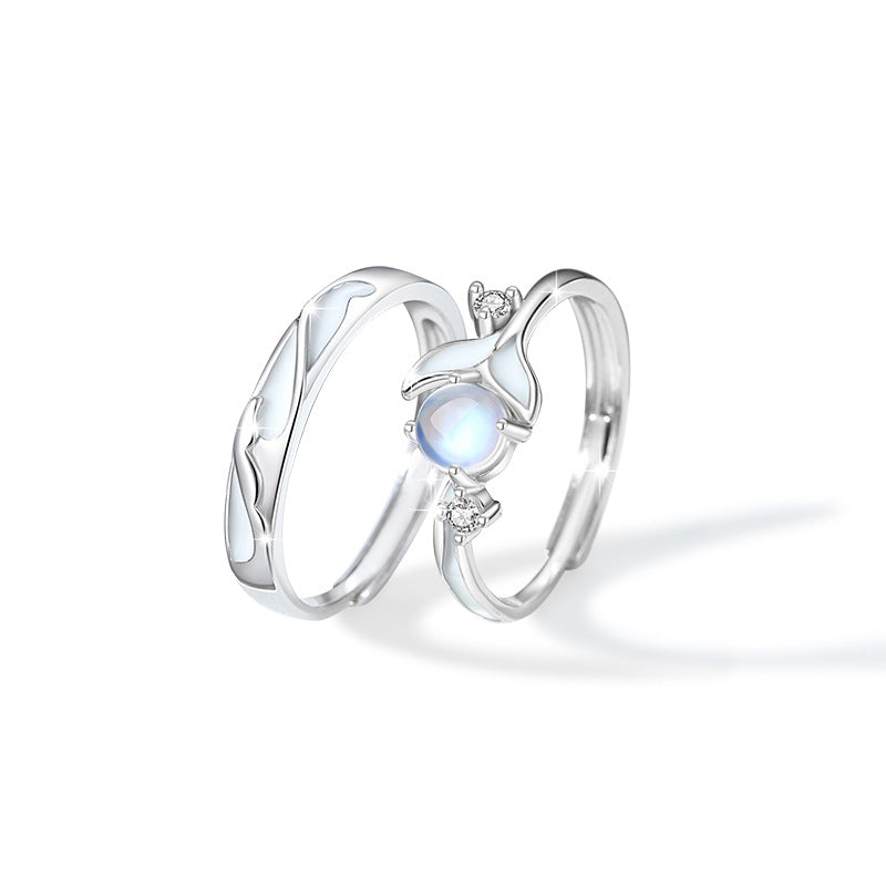 Whale Has You Luminous Sterling Silver 925 Couple Ring Men's and Women's Light Luxury Glass Stone Ring Isn Whale Tail Ring