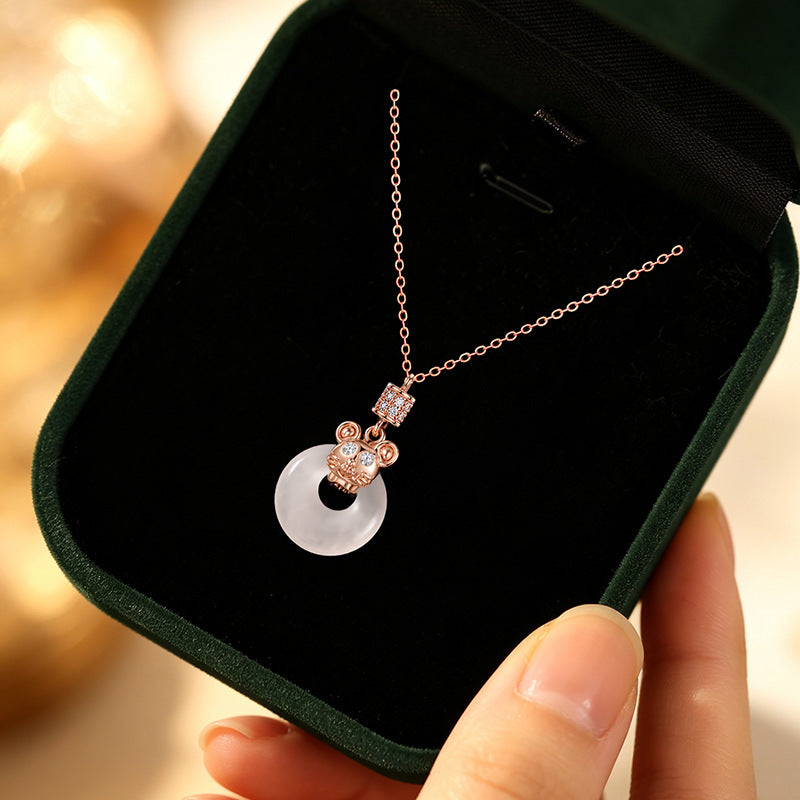 Zodiac Guardian Sterling Silver 925 Chalcedony Necklace National Fashion Spirit Snake Safety Buckle Clavicle Chain Ins Style Birth Year Pendant