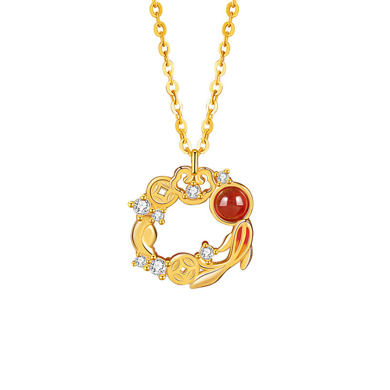 Lucky Koi Fish Sterling Silver 925 Necklace Female New Chinese Red Agate Copper Coin Ashore Clavicle Chain Ins Ruyi Pendant