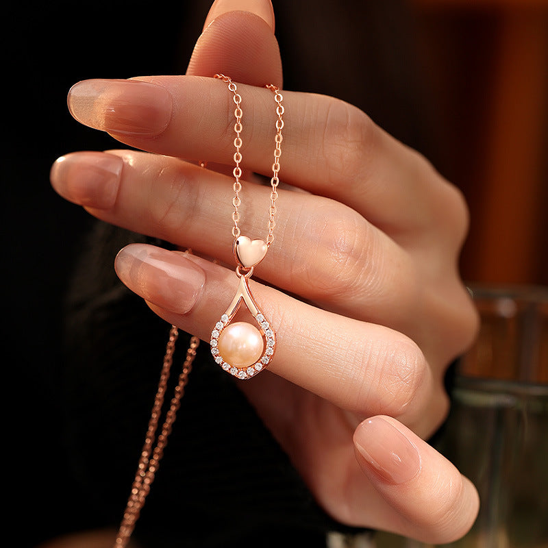 Sterling Silver S925 Necklace Women's Lovely Water Drop Freshwater Pearl Pendant Light Luxury Ins Style Clavicle Chain for Girlfriend Jewelry