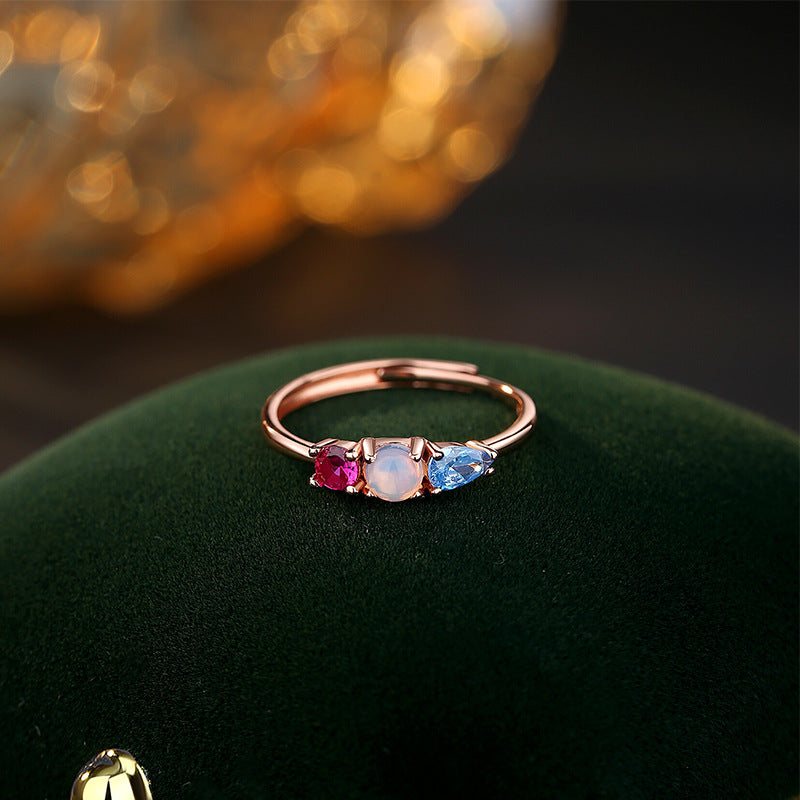 Girl Heart Gentle Style Korean Style Ring S925 Silver Inlaid Glass Stone Zircon Niche Fashion Adjustable Ring