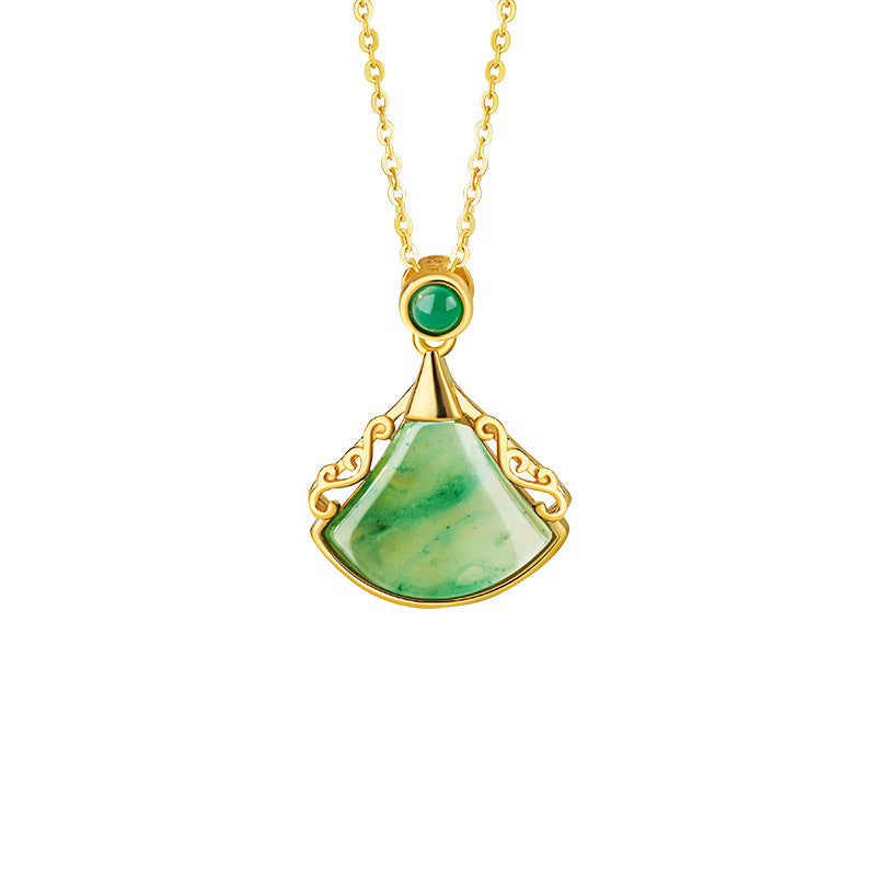 Sansheng Lucky Sterling Silver 925 Necklace Women's Light Luxury Natural African Emerald Fan-Shaped Clavicle Chain Ginkgo Leaf Chalcedony Pendant