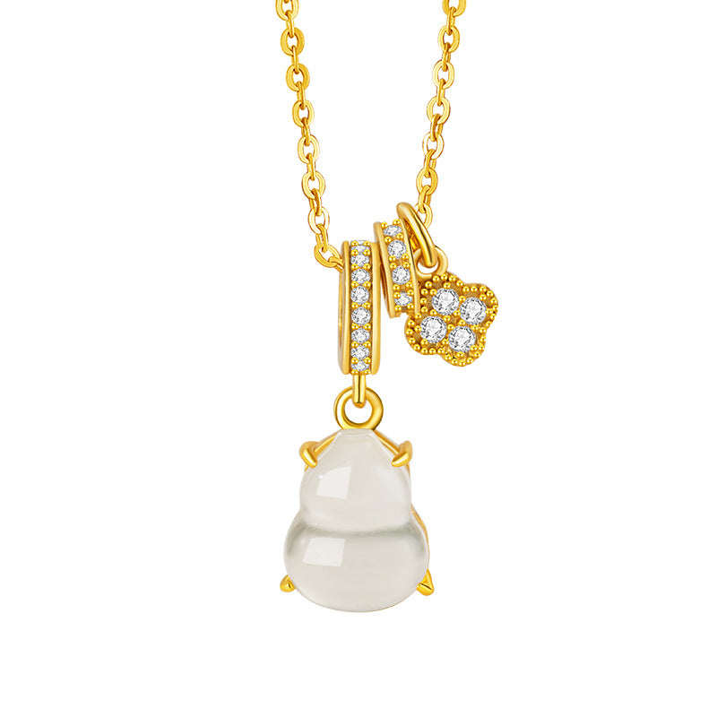 Lucky Clover Sterling Silver 925 Necklace Women's New Chinese National Fashion Natural Water Foam Jade Clavicle Chain Ins Gourd Pendant