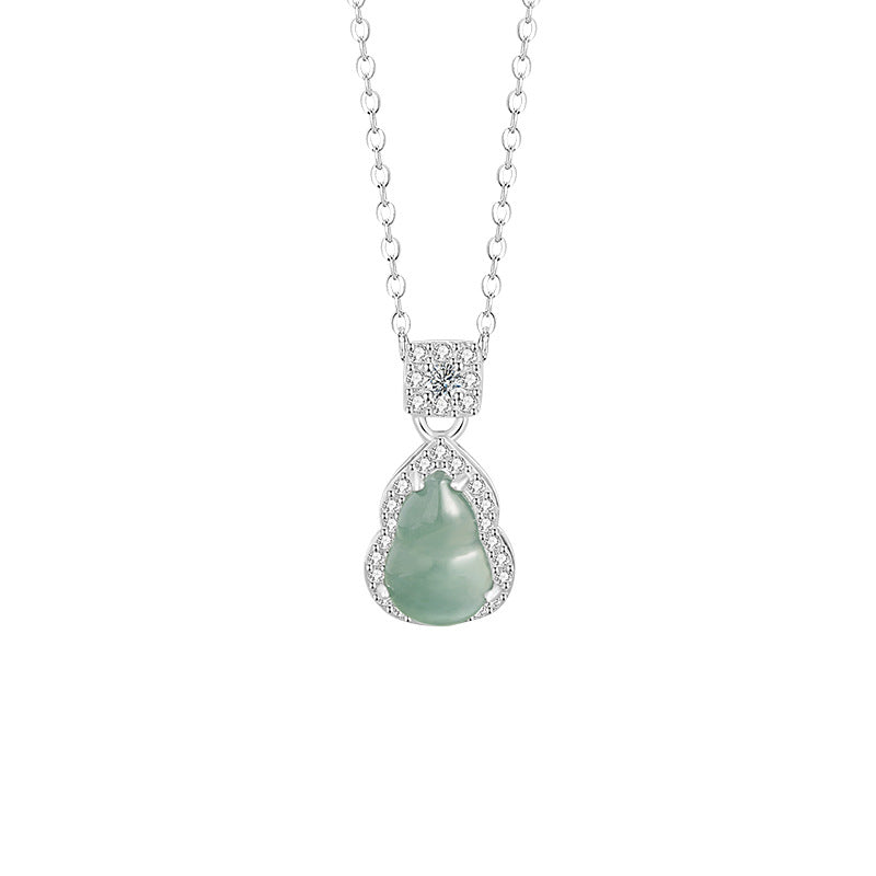 Fu Lu Double Full Sterling Silver 925 Necklace New Chinese National Fashion Dangerous Material Blue Water Jade Clavicle Chain Ins Style Gourd Pendant