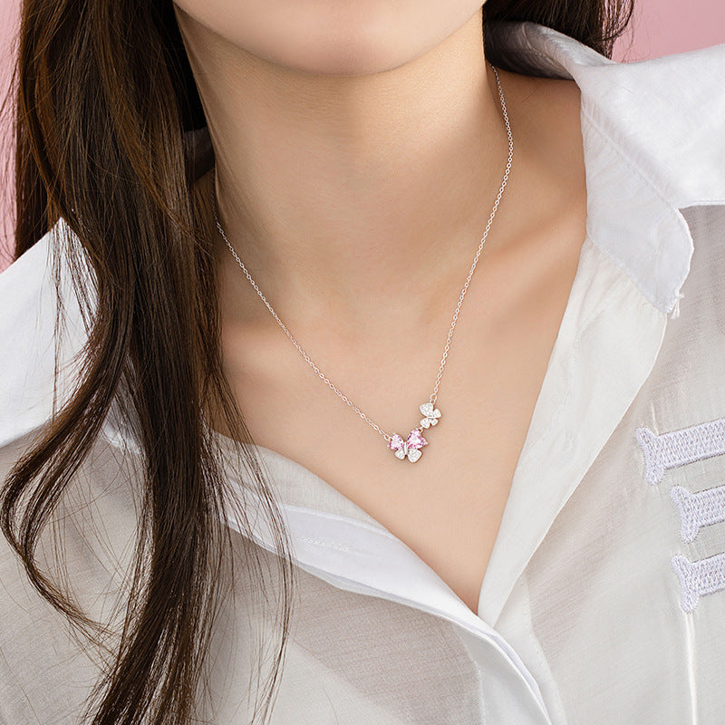 Butterfly Sterling Silver 925 Necklace Female Niche Light Luxury Sweet Style Pink Zircon Clavicle Chain Ins Style Love Pendant