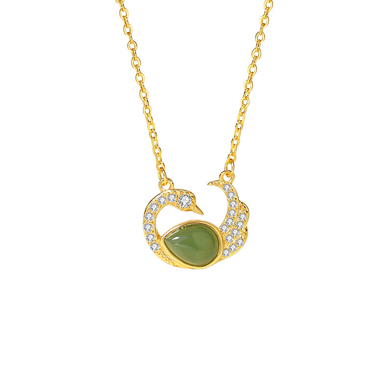 Original Swan Sterling Silver 925 Hetian Jasper Necklace Women's New Chinese Style Light Luxury Zircon Clavicle Chain Water Drop Pendant