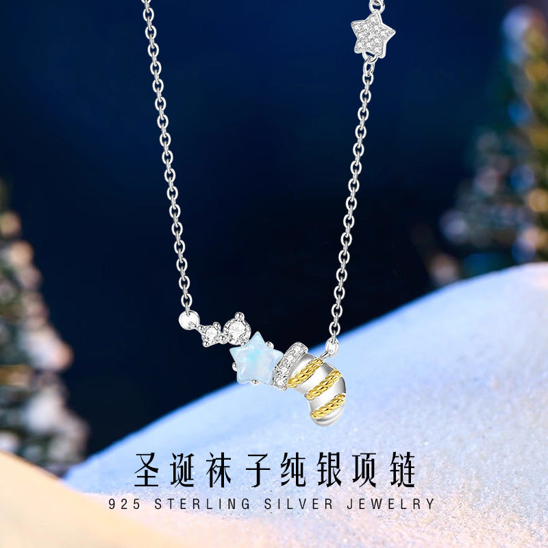 Christmas Socks Sterling Silver 925 Necklace Female Niche Design Light Luxury Glass Stone Clavicle Chain Ins Style Star Pendant