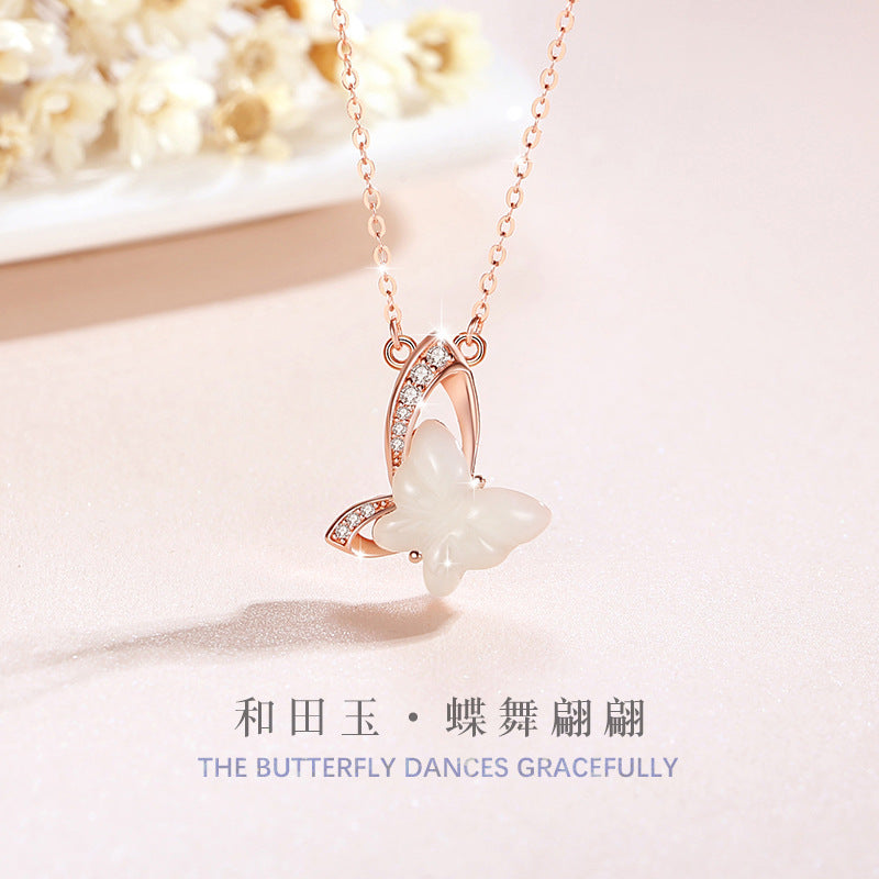 Butterfly Hetian Jade Sterling Silver 925 Necklace Female Niche Design Light Luxury Clavicle Chain Material Ins Style Zircon Pendant
