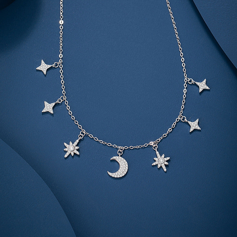 Star Moon Sterling Silver 925 Necklace Female Niche Design Light Luxury Eight Awn Star Clavicle Chain Ins Style Sun Pendant