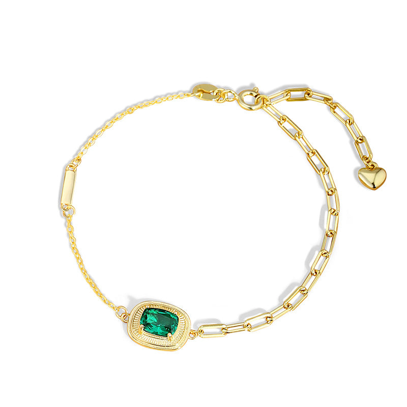 Square Sugar Sterling Silver 925 Bracelet Female Niche Design High-Grade Emerald Zircon Bracelet Ins Style Cross-Border Bracelet