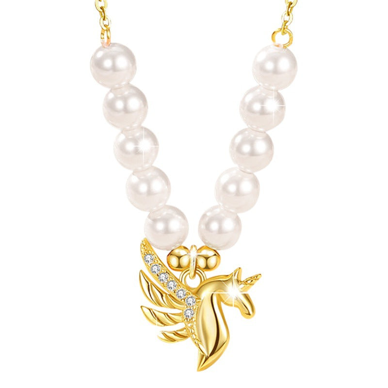 Unicorn Sterling Silver 925 Necklace Female Niche Design Light Luxury Pearl Clavicle Chain Get Things Ins Style Tianma Pendant