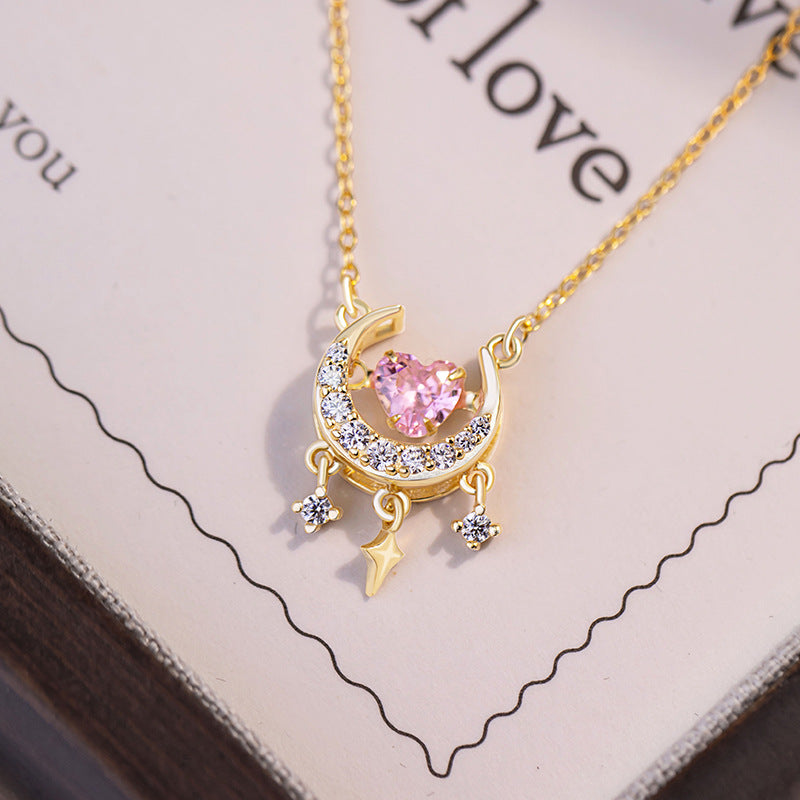 Lovely Sterling Silver 925 Necklace Niche Design Light Luxury Shijia Pearl Clavicle Chain Pink Moon Zircon Pendant