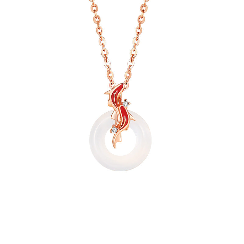 Koi Fish S925 Silver Chalcedony Necklace Female Niche Design Light Luxury Zircon Clavicle Chain Ins Safety Buckle Pendant