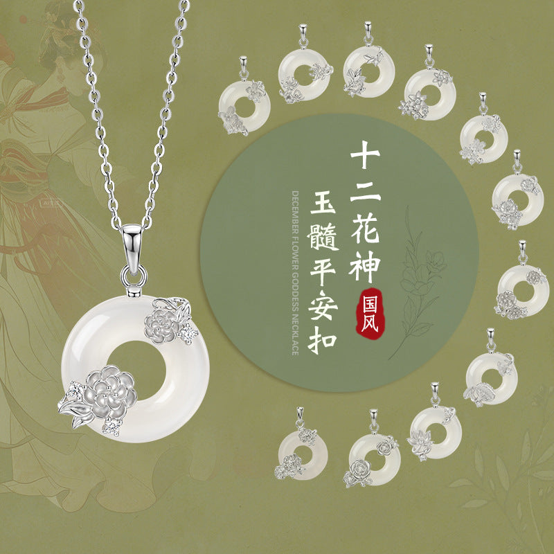 Twelve Flower God Sterling Silver 925 Chalcedony Necklace Female New Chinese National Fashion Lotus Peace Buckle Clavicle Chain Flower Pendant
