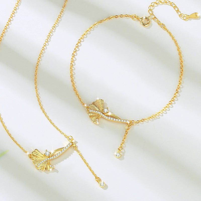 Sansheng Lucky Sterling Silver 925 Bracelet Female Niche Design Light Luxury Zircon Tassel Bracelet Ins Ginkgo Leaf Bracelet