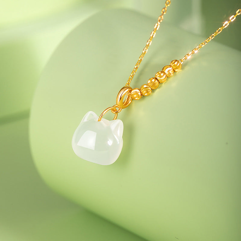 Lucky Beads Lucky Kitten White Chalcedony Pendant S925 Silver Necklace Female Popular Mori Niche Clavicle Chain Gift Female