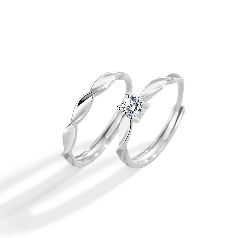Mobius Pure Silver 999 Couple Ring Men's and Women's Fashion Versatile Four-Claw Zircon Ring Diamond Pattern Pair Ring