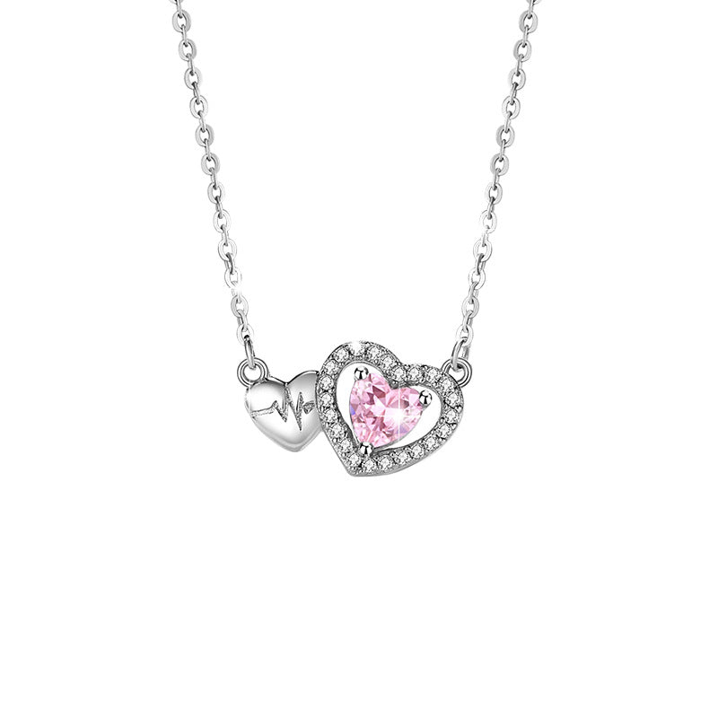 Lovely Sterling Silver 925 Necklace Female Niche Design Light Luxury Pink Diamond Clavicle Chain Get Things Ins Style ECG Pendant