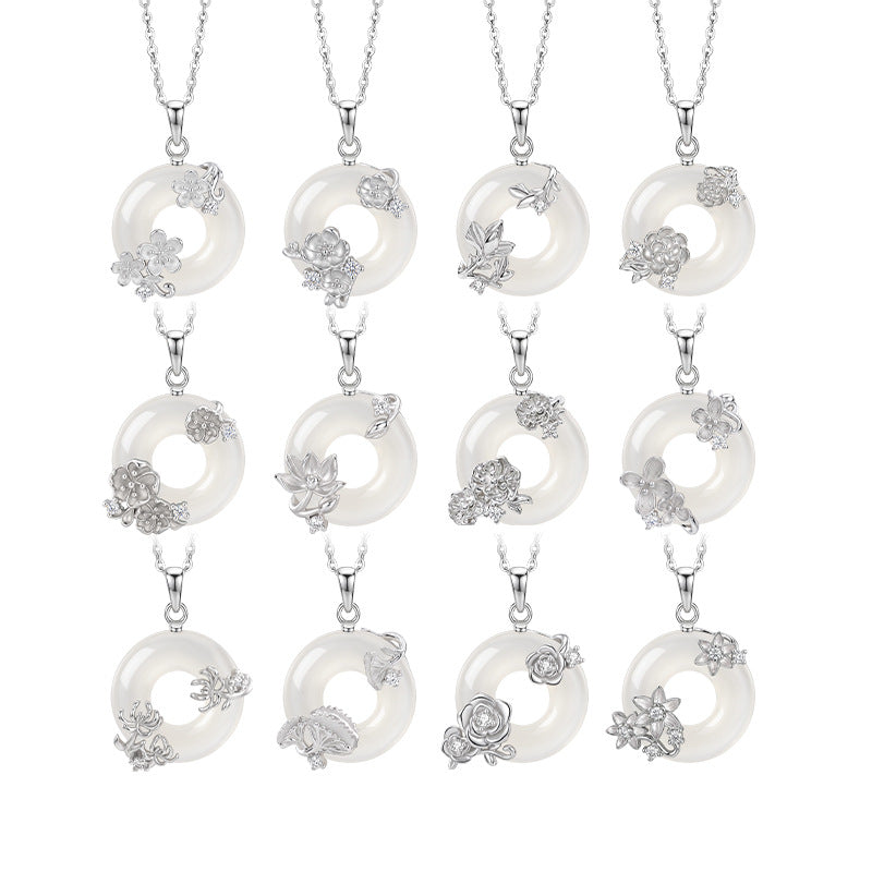 Twelve Flower God Sterling Silver 925 Chalcedony Necklace Female New Chinese National Fashion Lotus Peace Buckle Clavicle Chain Flower Pendant