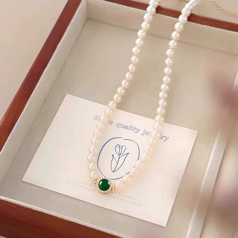 Natural Freshwater Pearl Sterling Silver 925 Necklace Light Luxury High-Grade Green Chalcedony Clavicle Chain Mother's Day Gift Pendant